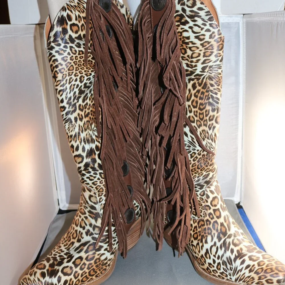 Dingo Women's 8.5M Cheetah Cowgirl fringe boots w/box MSRP $319 - Picture 14 of 16